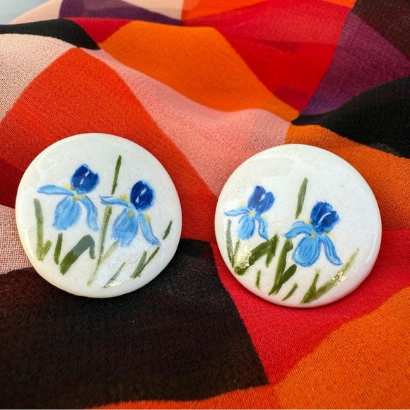 Blue Iris Hand Painted Floral Ceramic Earrings - Picture 13 of 14